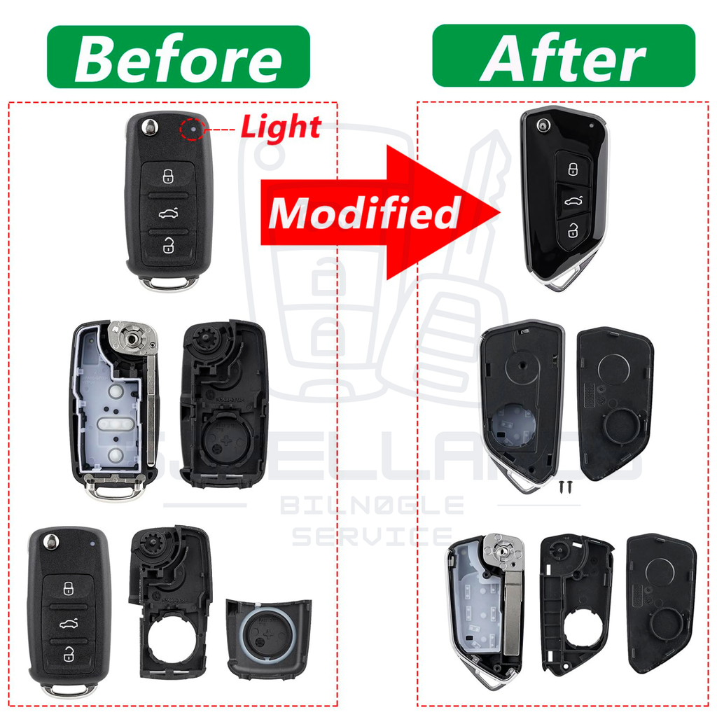 VW / SKODA / SEAT / VAG opgraderings-nøglehus – 3 knapper / Modificeret flip-nøgle design i Golf 8-stil (5K0 837 202AD)
