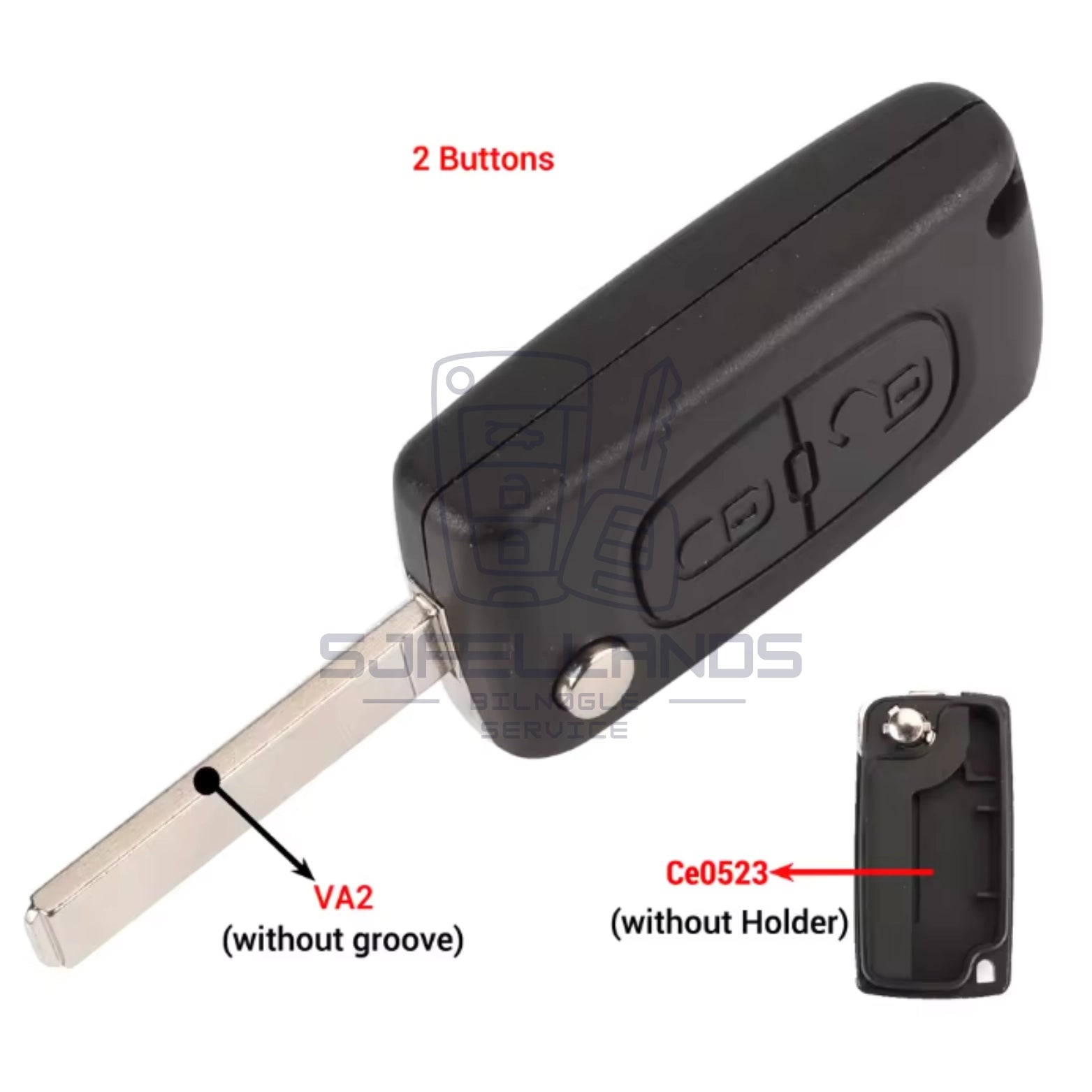 Peugeot/Citroen nøglehus (2 Knapper) - VA2 Uden Rille (Ce0523 uden Batteriholder)