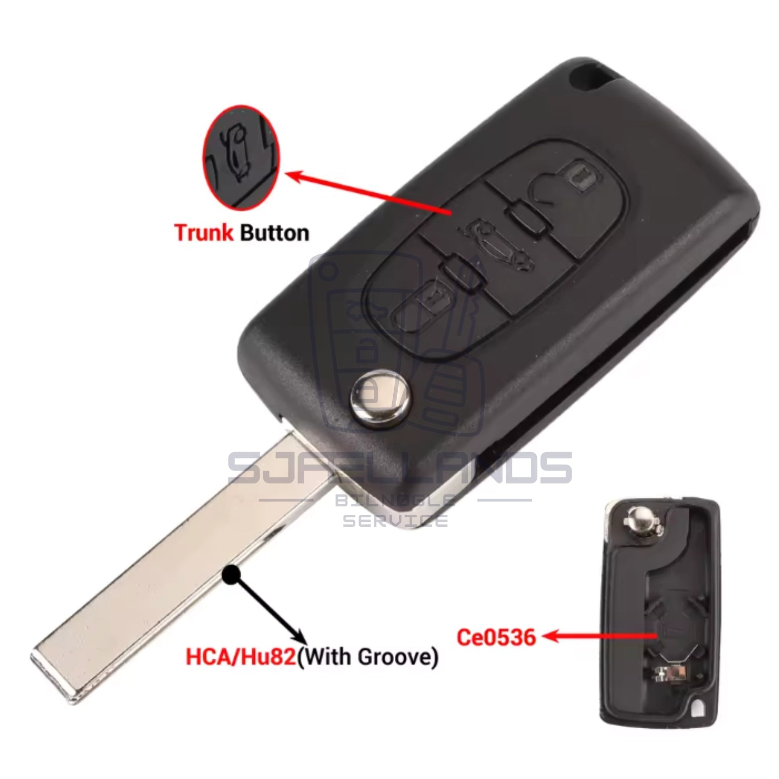 Peugeot/Citroen nøgleskal (3 Knapper) - HCA/HU82 Med Rille (Ce0536 med Batteriholder)