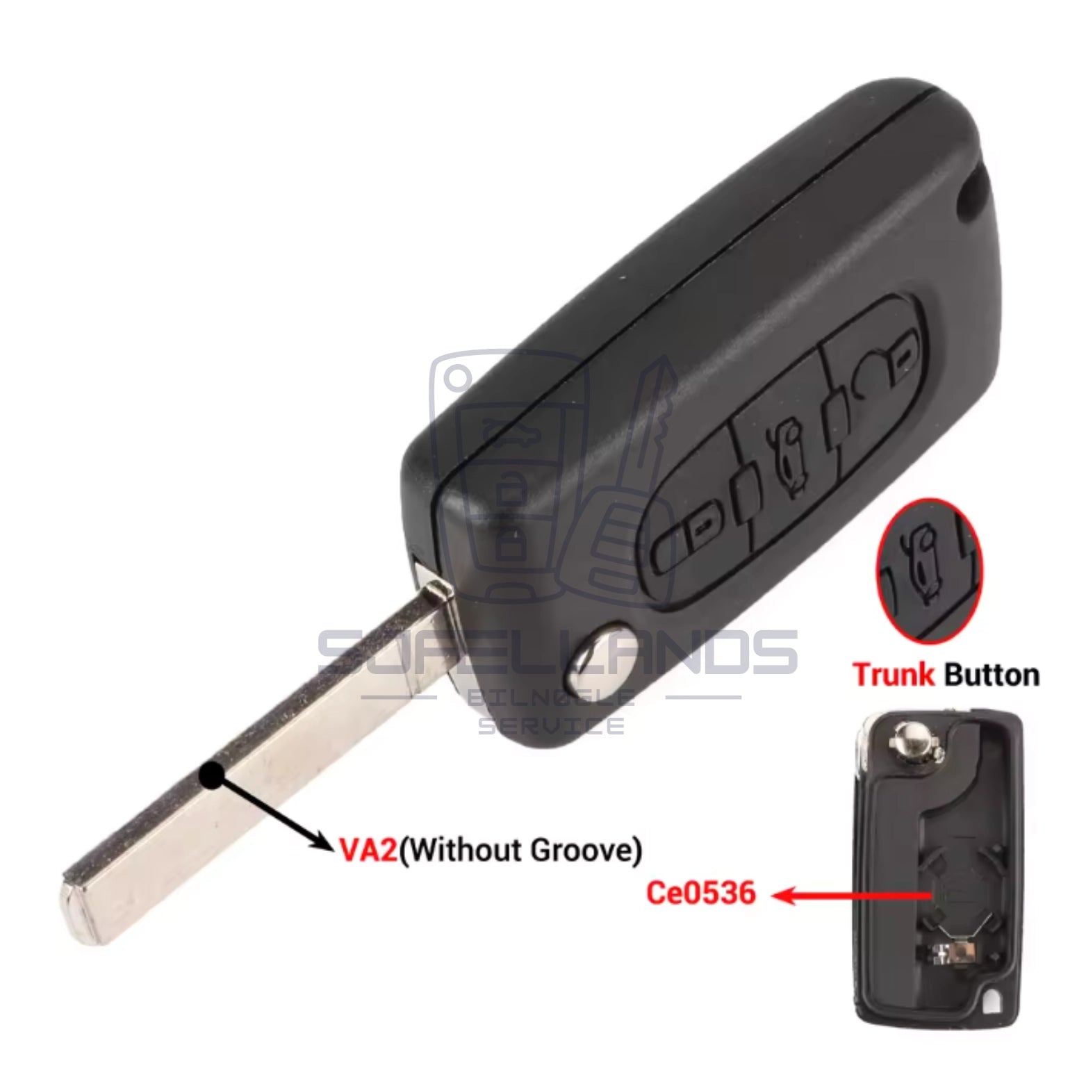 Peugeot/Citroen (3 Knapper) - VA2 Uden Rille (Ce0536 med Batteriholder)