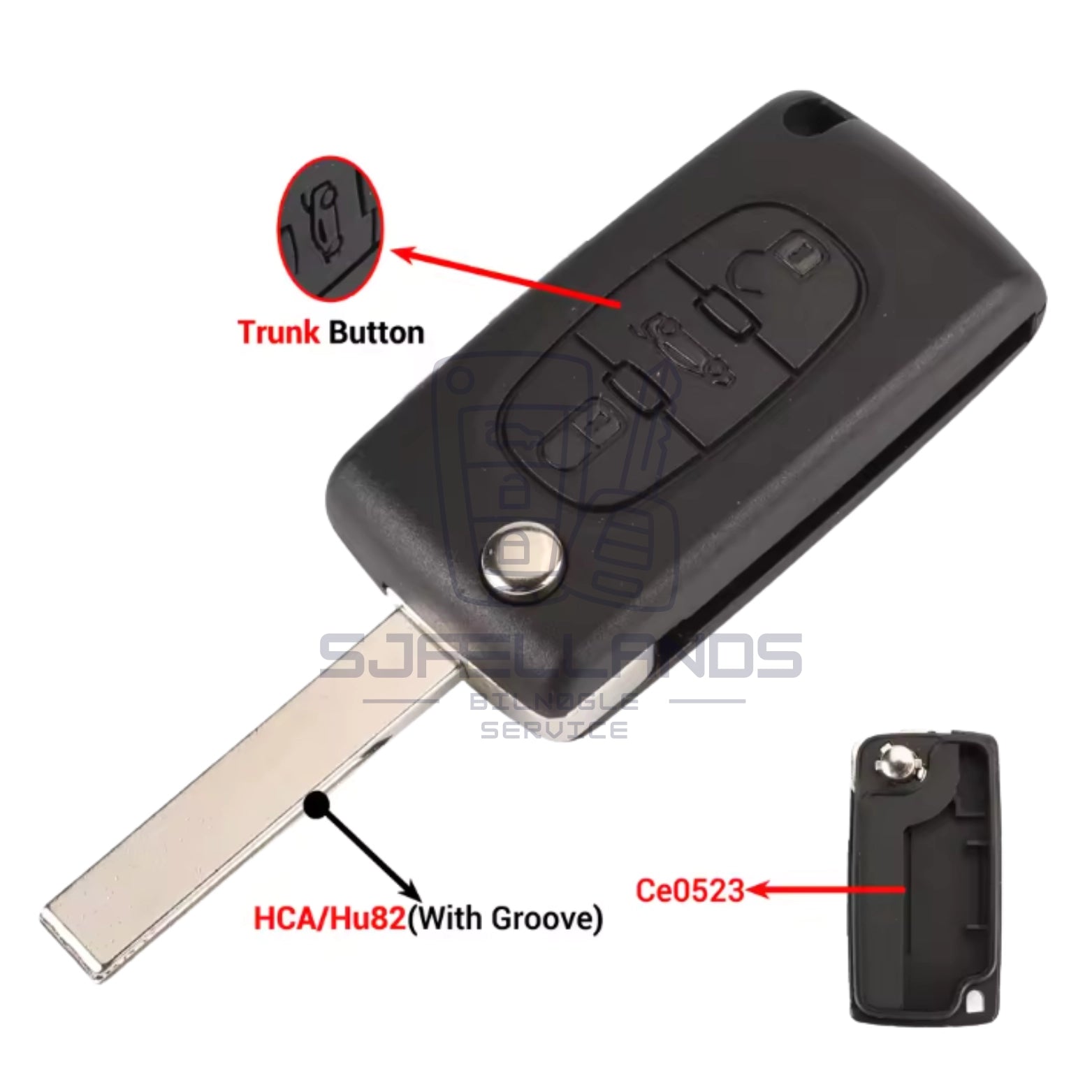 Peugeot/Citroen nøglehus (3 Knapper) - HCA/HU82 Med Rille (Ce0523 uden Batteriholder)