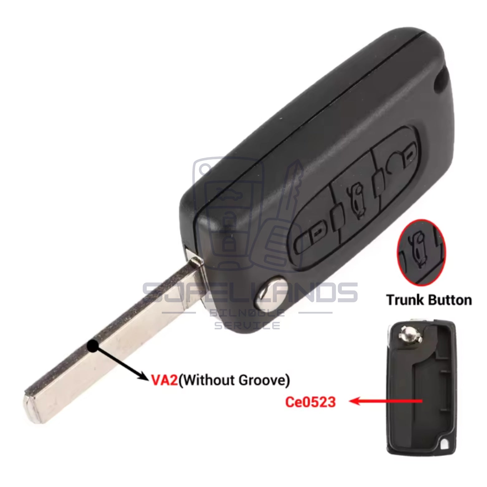 Peugeot/Citroen nøglehus (3 Knapper) - VA2 Uden Rille (Ce0523 uden Batteriholder)