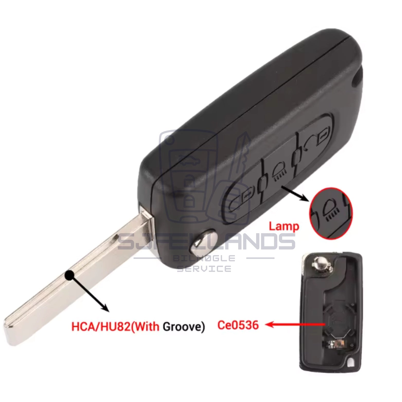 Peugeot/Citroen (3 Knapper), HCA/HU82 med rille, CE0536 med batteriholder