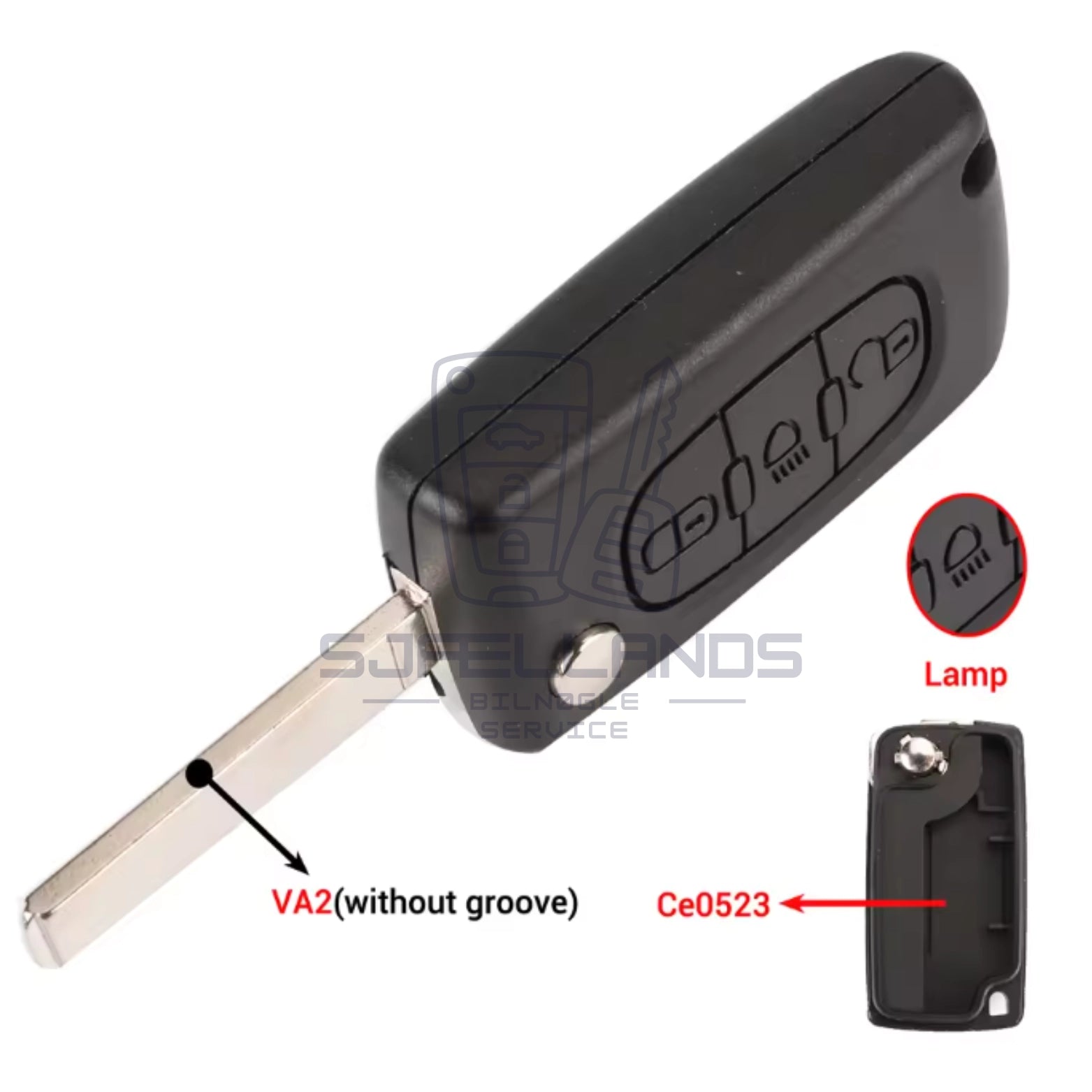 Peugeot/Citroen nøglehus (3 Knapper) - VA2 uden rille, CE0523 uden batteriholder